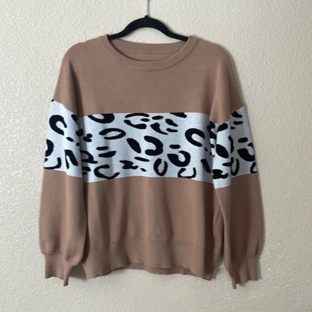 Leopard print sweater extra large thick color block Balloon Sleeves